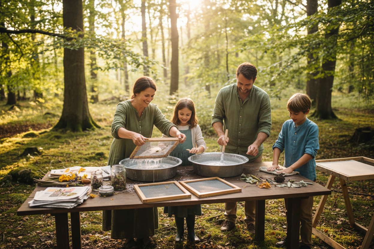 famiglia che fa carta riciclata in mezzo alla natura